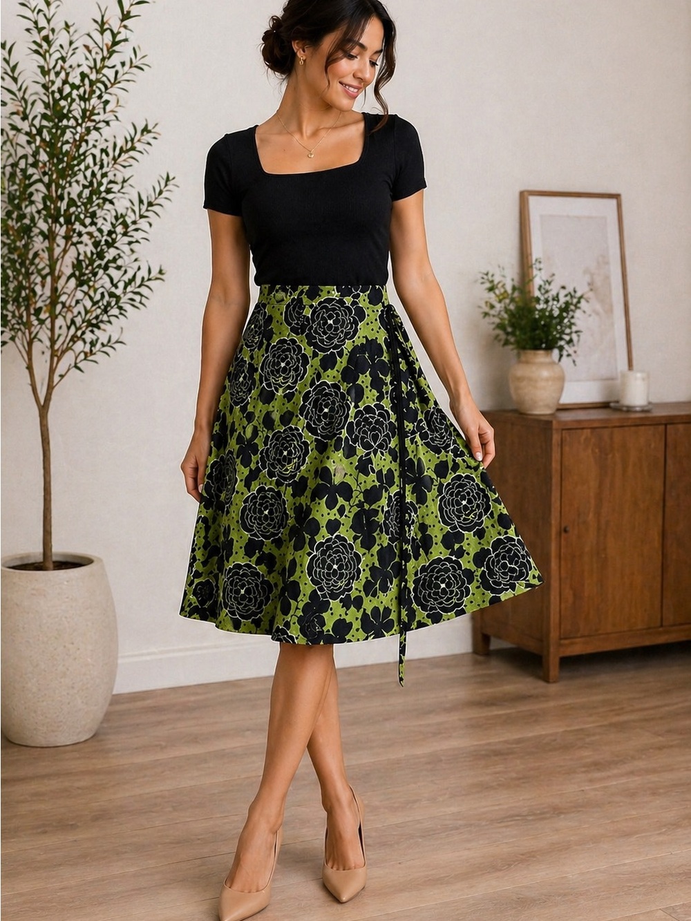 Apt. 9 Olive Green and Black Floral Circle Skirt